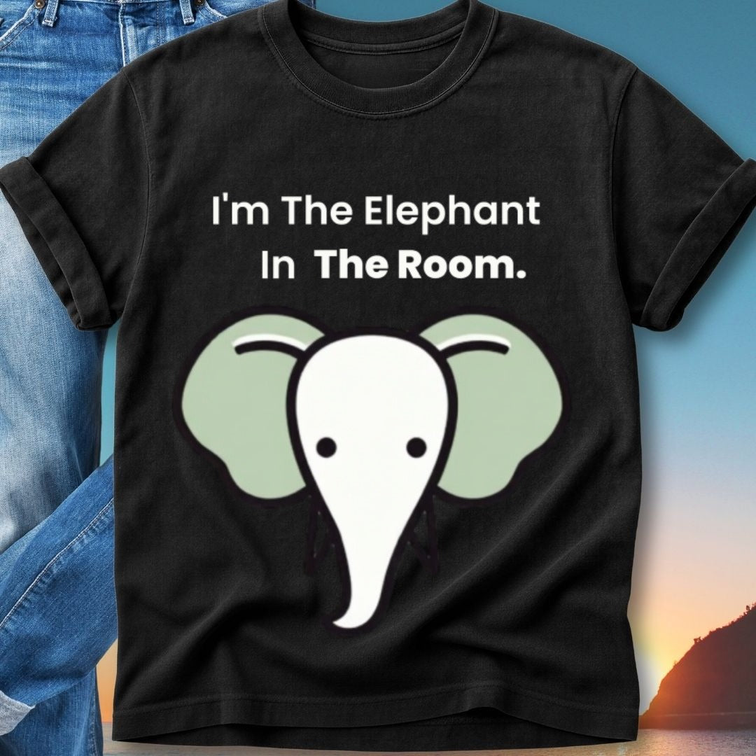 Black t-shirt with cartoon elephant and text "I'm The Elephant In The Room."