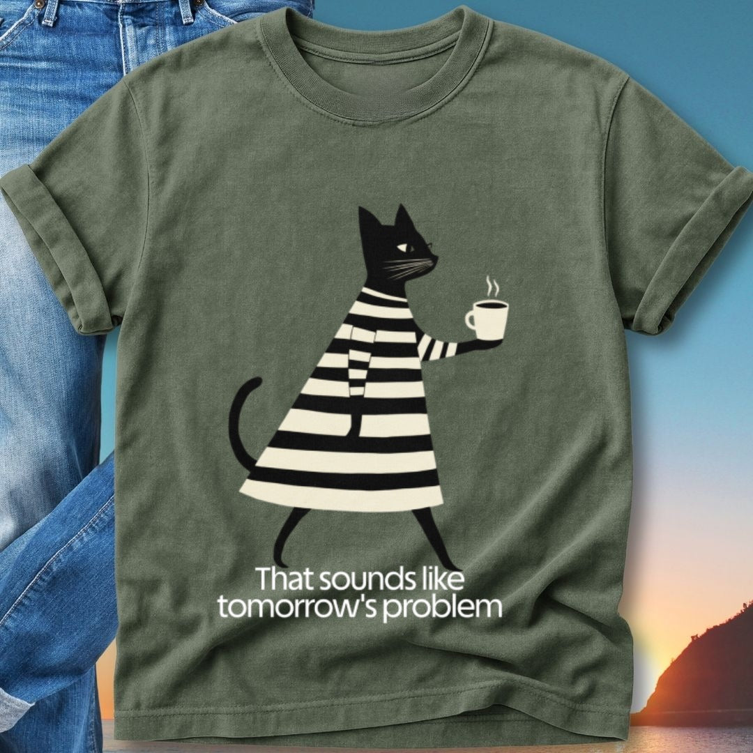 Black cat in striped shirt holds coffee mug with "That sounds like tomorrow's problem" text.