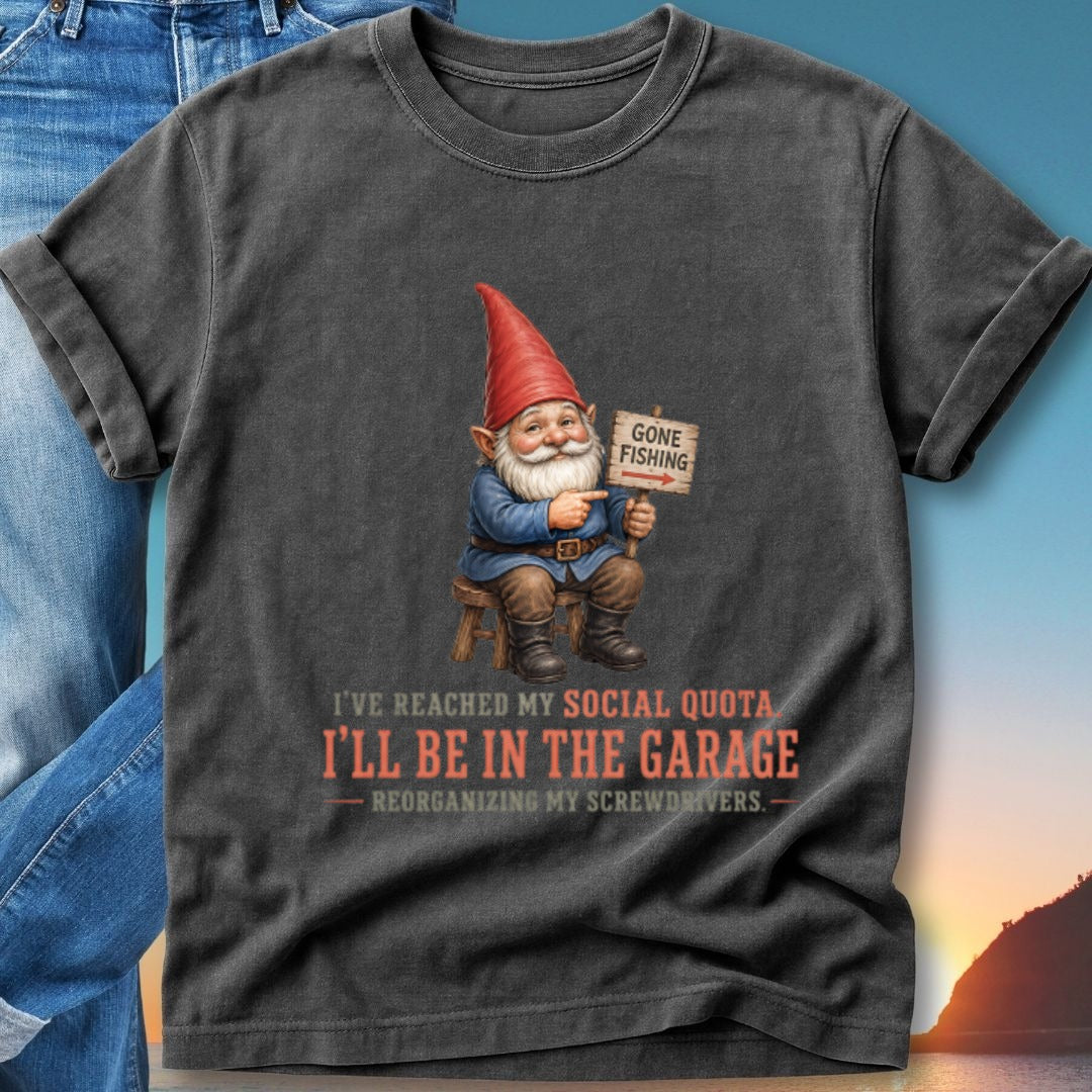 Gnome in red hat with "Gone Fishing" sign, sitting on stool with screwdriver text.
