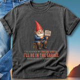 Gnome in red hat with "Gone Fishing" sign, sitting on stool with screwdriver text.