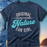 Navy t-shirt with "Original Nature Fan Girl" text in white and blue.
