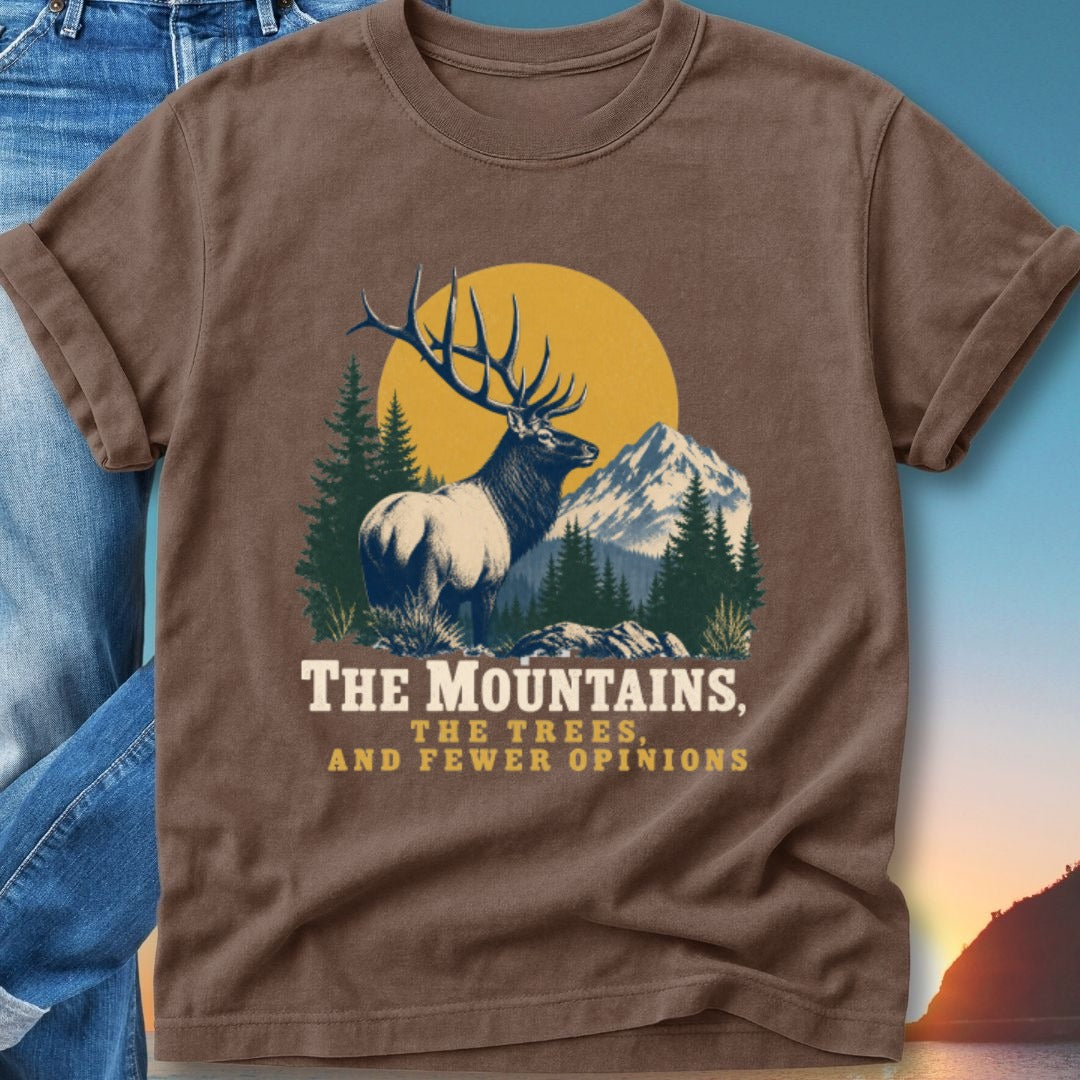 Brown t-shirt with elk, mountains, trees, and sun graphic.