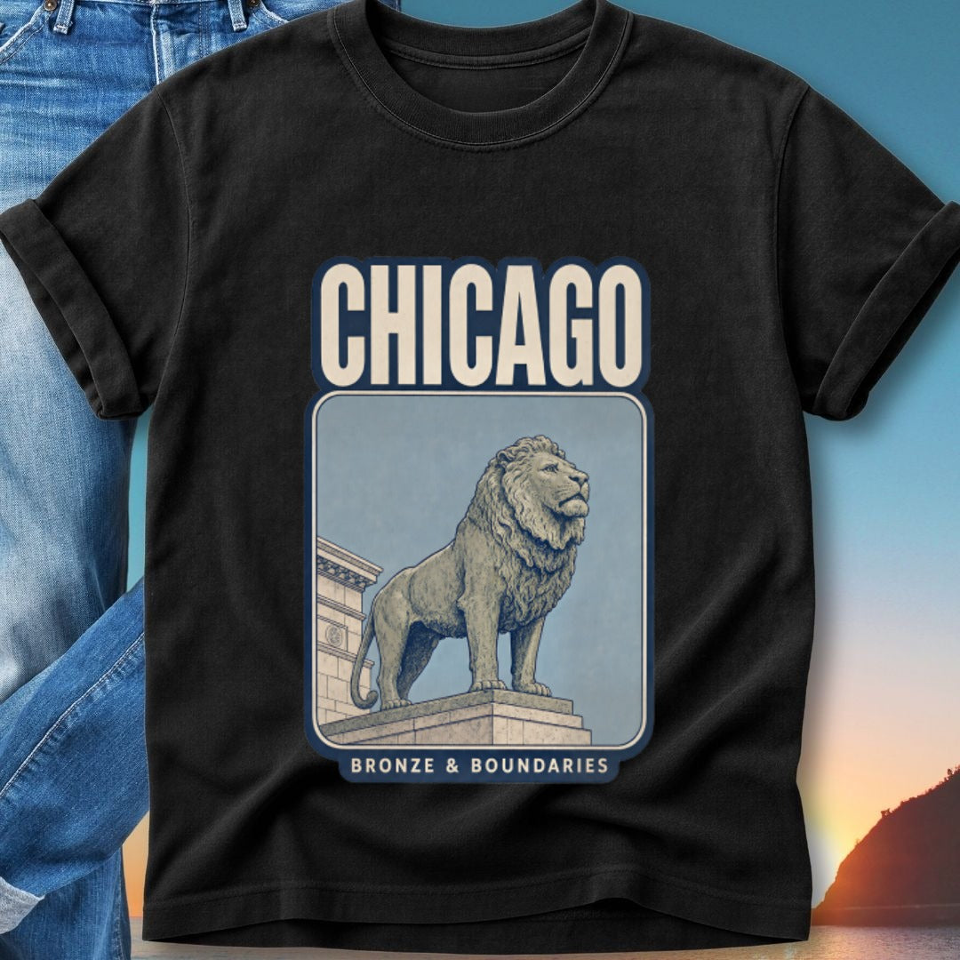 Black t-shirt with Chicago skyline, lion statue, and "Bronze & Boundaries" text.