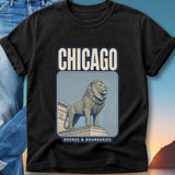 Black t-shirt with Chicago skyline, lion statue, and "Bronze & Boundaries" text.
