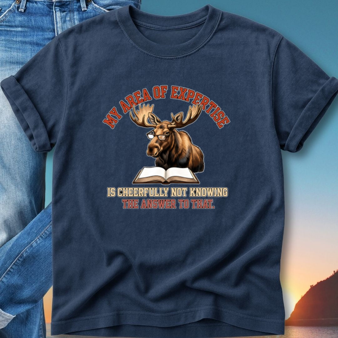 Moose wearing glasses on a book with text.