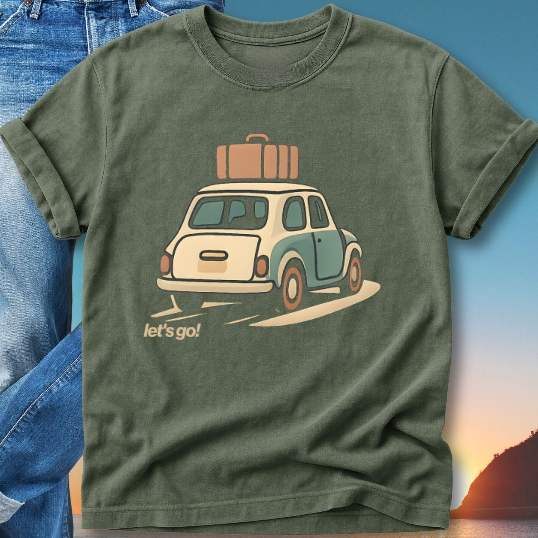 Green t-shirt with cartoon car and suitcase, reads "let's go!".
