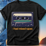 Black t-shirt with vintage cassette tape and "I had mixed tapes" text.