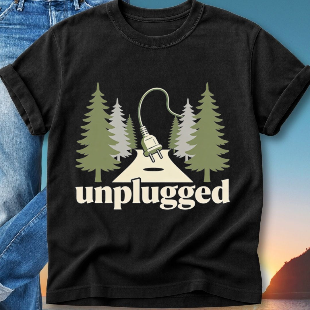 Black t-shirt with "unplugged" text and trees, road, and power plug graphic.