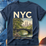 Navy t-shirt with NYC and Central Park bridge scene, squirrels, and ducks.