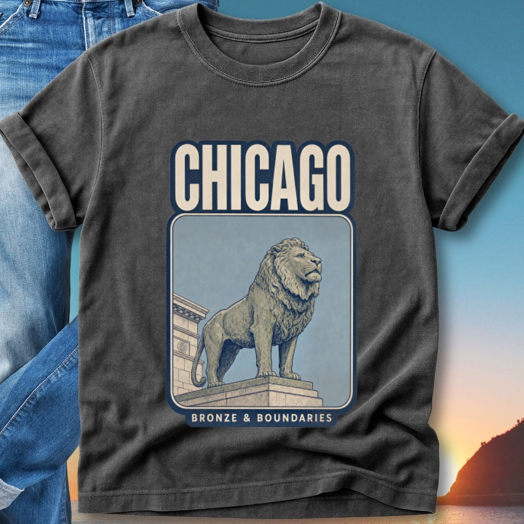 Dark grey t-shirt featuring a stylized lion statue with "CHICAGO" above and "BRONZE & BOUNDARIES" below.