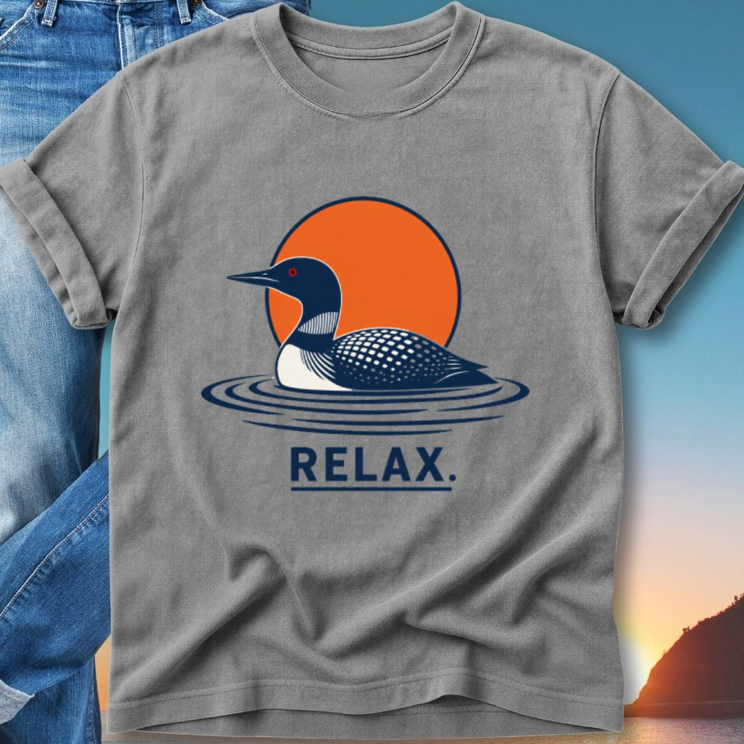 Gray t-shirt with a loon on water and orange sun. RELAX.