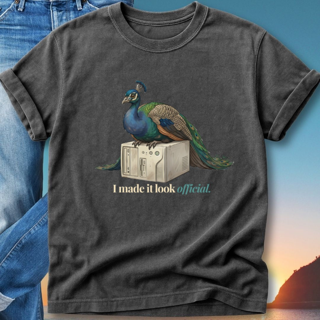 Peacock sitting on a computer tower with text "I made it look official."
