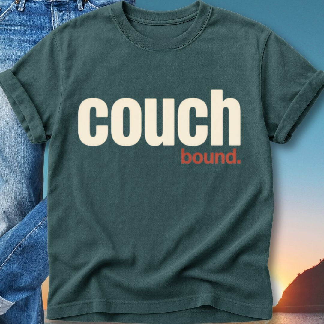 Dark green t-shirt with "couch bound." text in white and red.