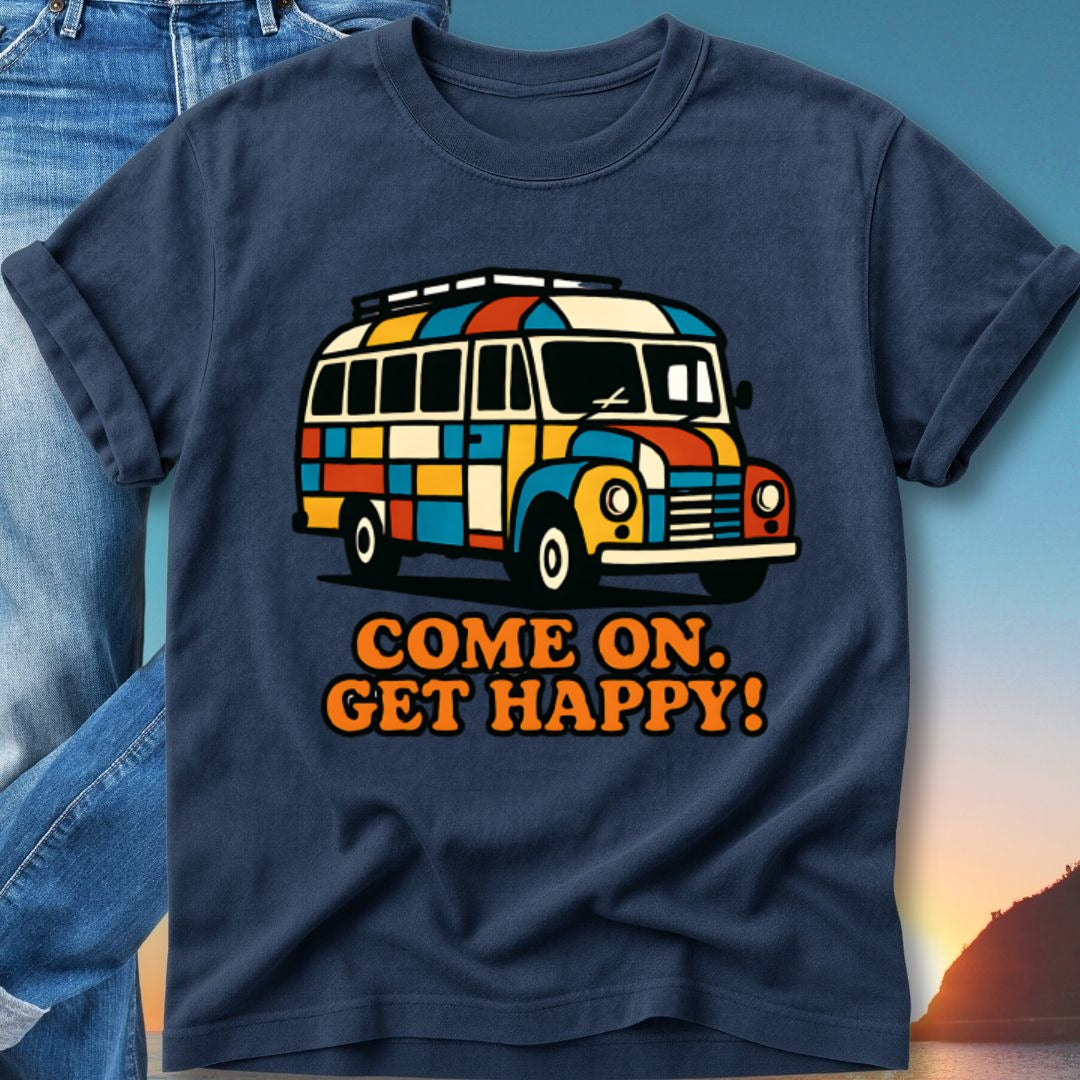 Navy t-shirt with colorful retro bus graphic and "COME ON. GET HAPPY!" text.