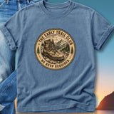 T-shirt with circular graphic: hiking boot, mountains, trees, "The Early Trail Club - No RSVP Required."