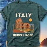 Teal t-shirt with "ITALY RUINS & ROSÉ" and Colosseum graphic.