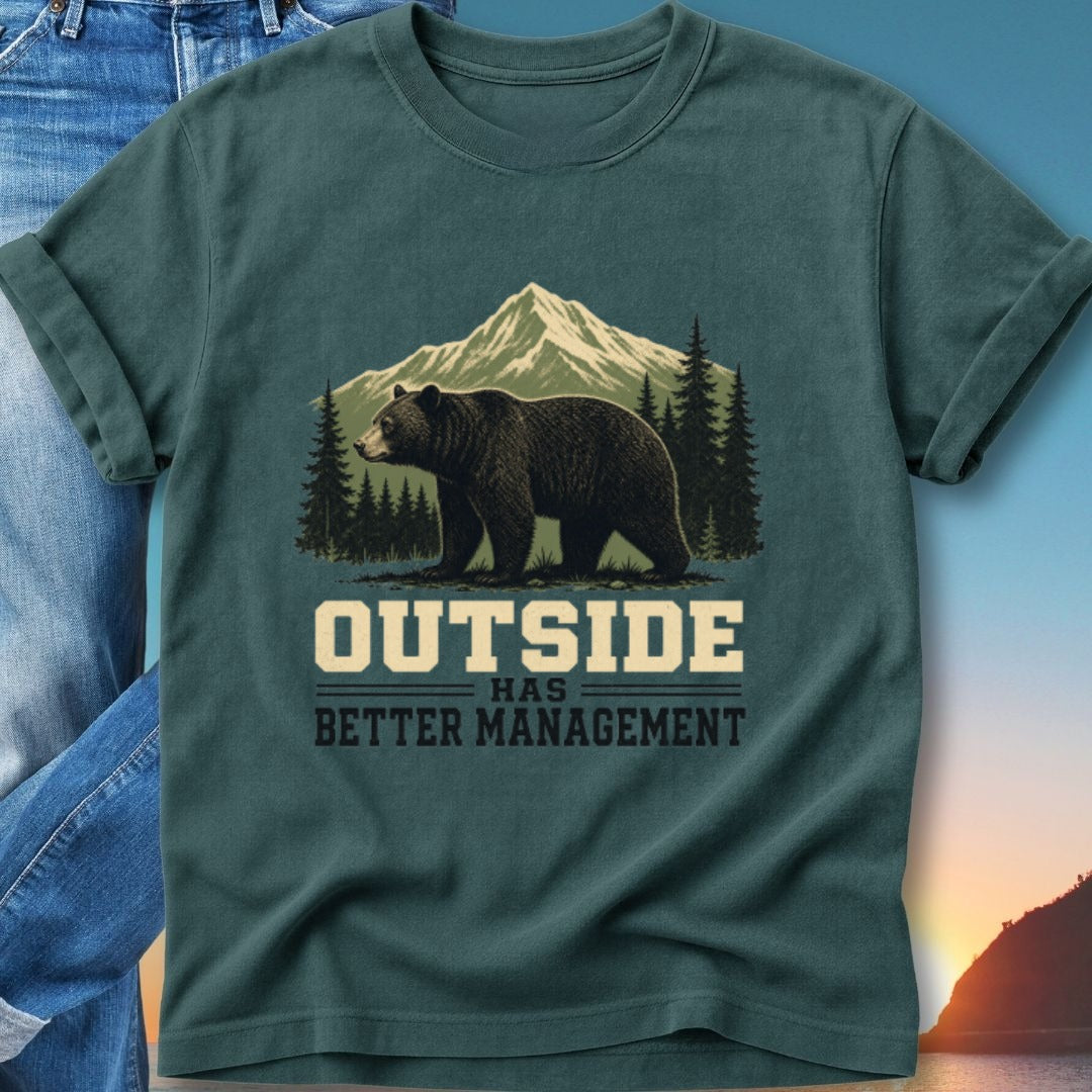Bear and mountains graphic on dark green t-shirt with "Outside Has Better Management" text.