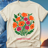 Cream t-shirt with floral design and "Laugh out loud." text.