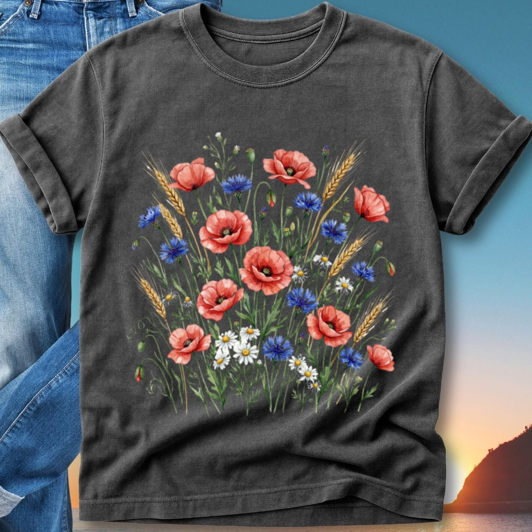 Dark t-shirt with watercolor poppies, cornflowers, daisies, and wheat.