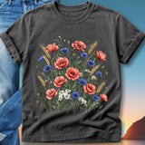 Dark t-shirt with watercolor poppies, cornflowers, daisies, and wheat.