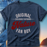 Navy t-shirt with "ORIGINAL EXCLUSIVELY OUTDOORS Nature FAN BOY" text.