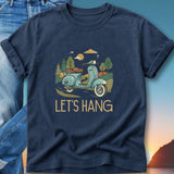 Navy t-shirt with "LET'S HANG" and a vintage scooter illustration.
