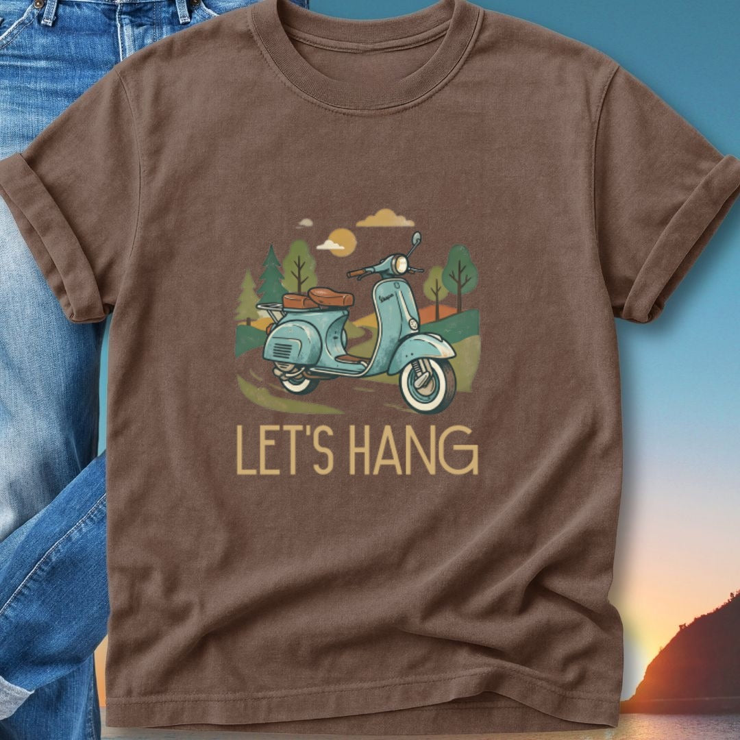 Brown t-shirt with a light blue scooter and trees graphic, text "LET'S HANG".
