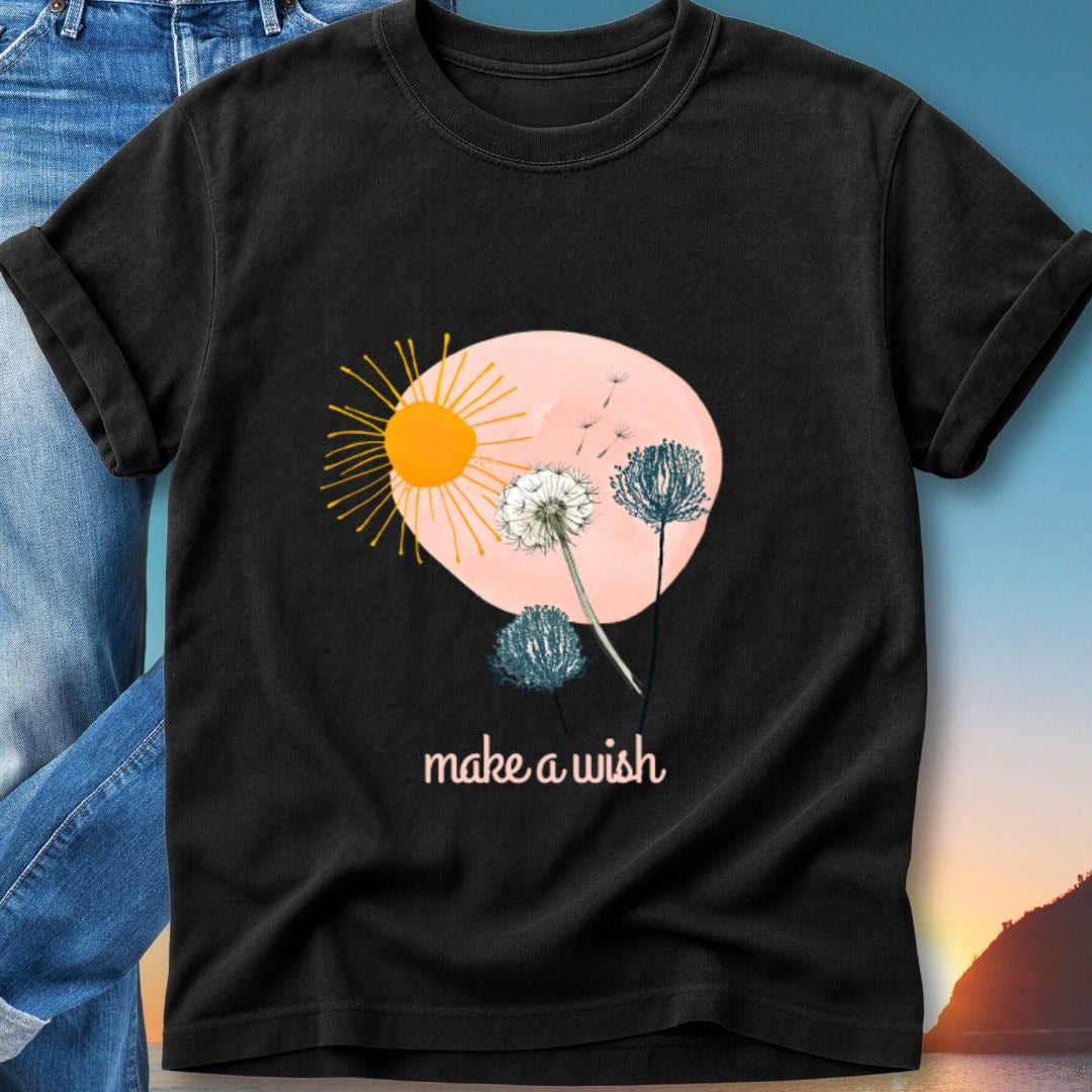 Black t-shirt with sun, dandelions, and "make a wish" text.
