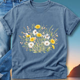 Blue t-shirt with a watercolor bouquet of dandelions and wildflowers.