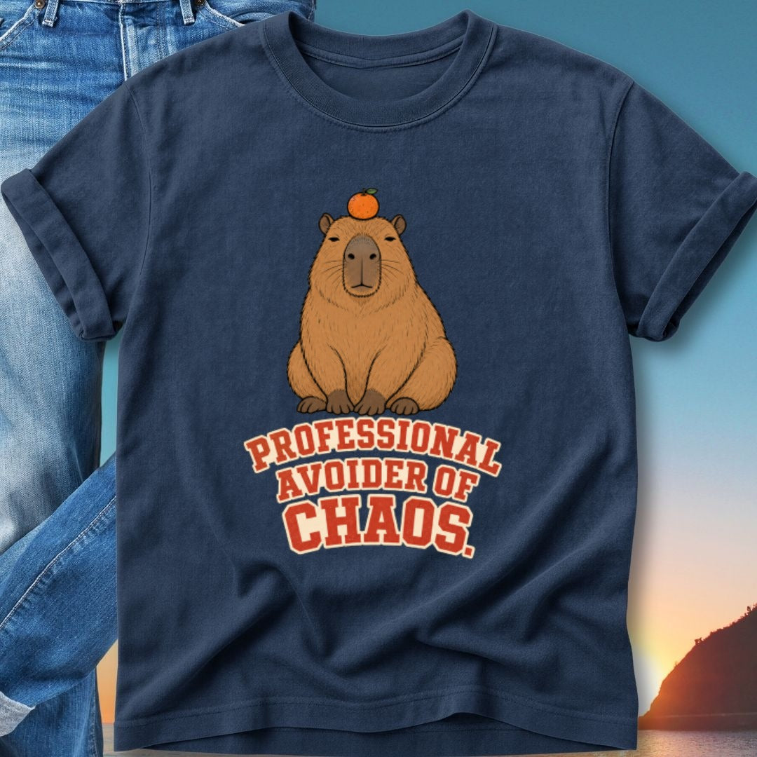 Capybara wearing an orange on its head, with "PROFESSIONAL AVOIDÉR OF CHAOS" text.