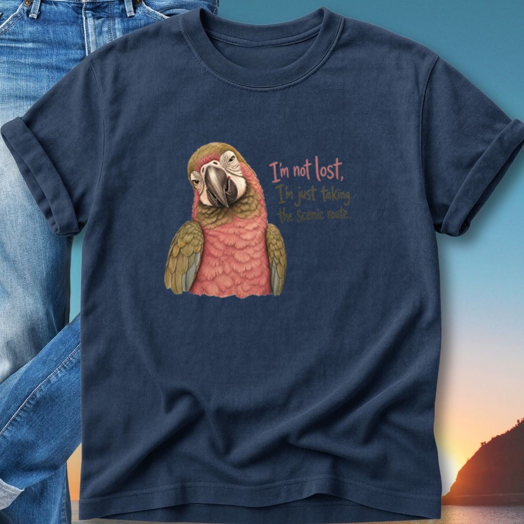 Navy t-shirt with a parrot graphic and the text "I'm not lost, I'm just taking the scenic route."
