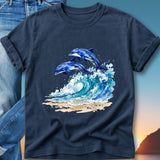 Two dolphins leaping from a wave onto a sandy beach, watercolor style.
