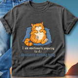 Gray t-shirt with a grumpy cat on a pillow and text "I am emotionally preparing to do absolutely nothing today."