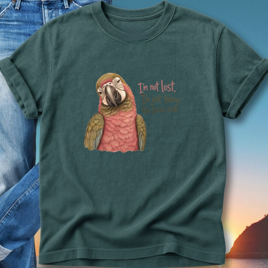 Teal t-shirt with a parrot illustration and the text "I'm not lost, I'm just exploring."