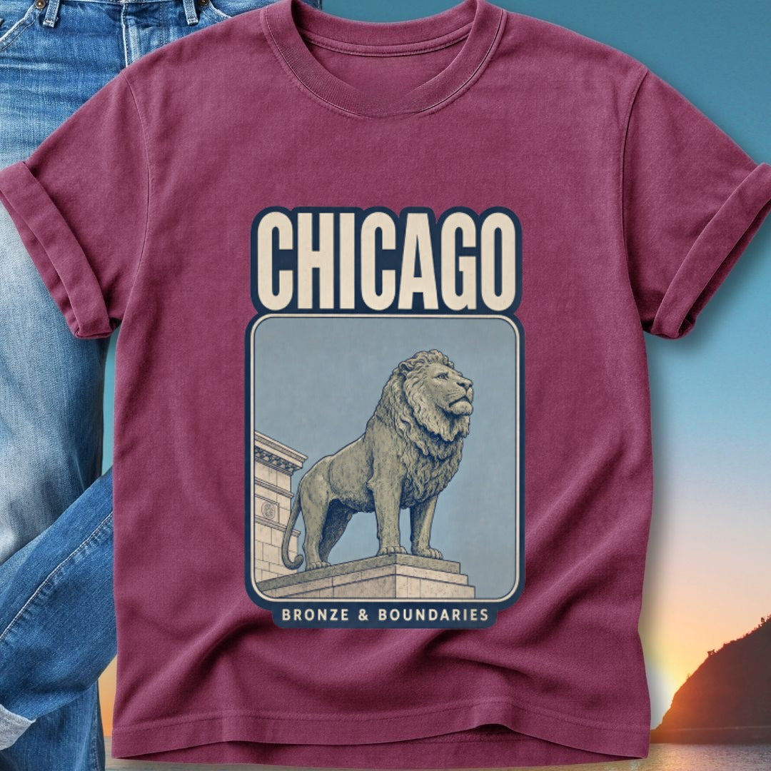 Maroon t-shirt featuring a lion statue and "CHICAGO BRONZE & BOUNDARIES" text.