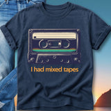 Navy t-shirt with graphic of a cassette tape and text "I had mixed tapes".