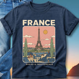 Navy t-shirt with Eiffel Tower illustration and "FRANCE" and "BREAD & INDIFFERENCE" text.