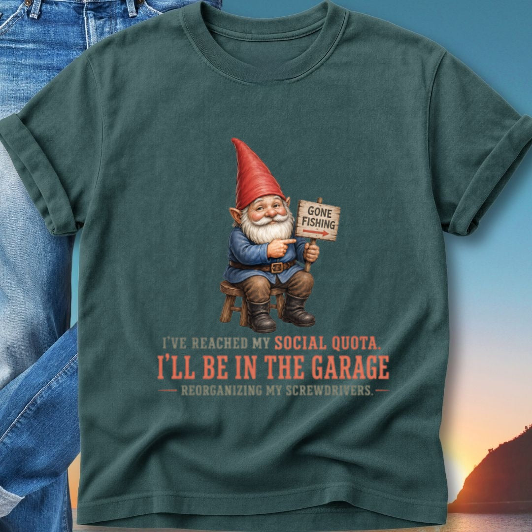 Gnome holding "Gone Fishing" sign, wearing shirt with garage and screwdriver text.