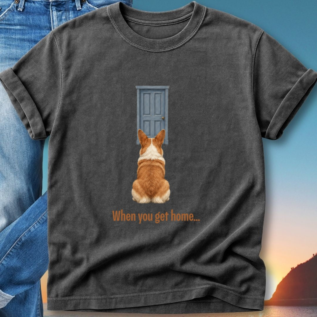 T-shirt with corgi facing a closed door, text "When you get home...".