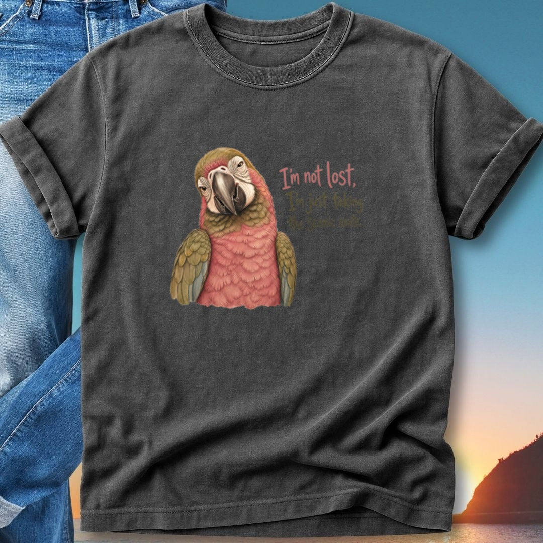 Dark t-shirt with a parrot illustration and text "I'm not lost, I'm just taking the scenic route."