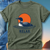 Olive green t-shirt with loon and sun graphic with "RELAX." text.