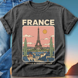 T-shirt featuring Eiffel Tower and Paris skyline with text FRANCE and BREAD & INDIFFERENCE.