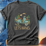 Teal scooter with "LET'S HANG" text on a dark t-shirt.