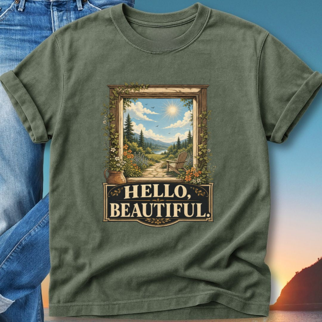 T-shirt with a framed landscape scene and text "HELLO, BEAUTIFUL."