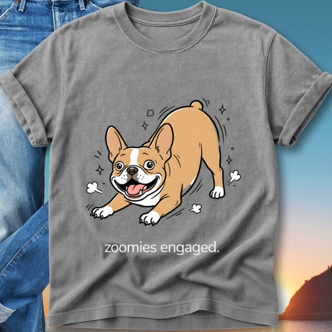 French bulldog with "zoomies engaged" text on a grey t-shirt.