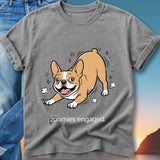French bulldog with "zoomies engaged" text on a grey t-shirt.