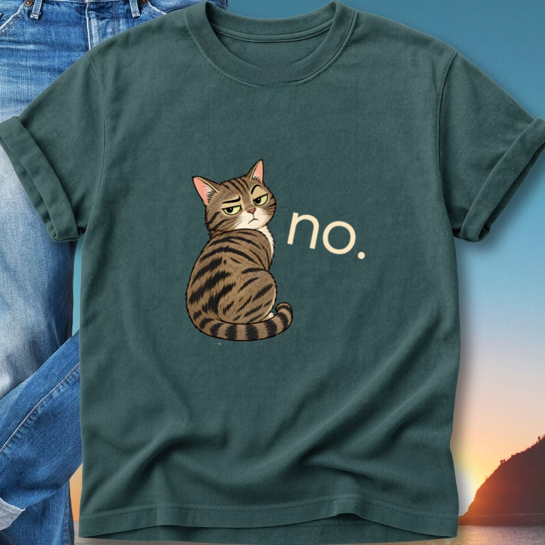 Tabby cat with "no." text on a dark green t-shirt.