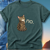 Tabby cat with "no." text on a dark green t-shirt.