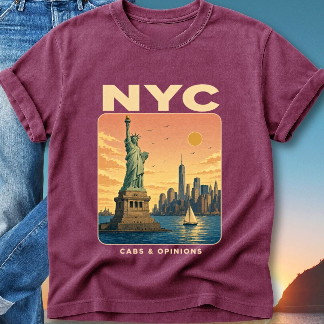 T-shirt with Statue of Liberty, NYC skyline, and sailboat in sunset.