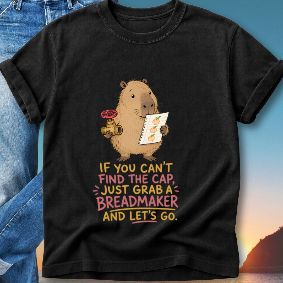Capybara holding pipe fitting and list with text "If you can't find the cap, just grab a breadmaker and let's go."